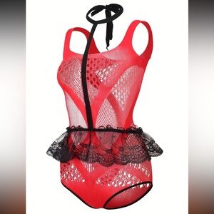 Red & Black Hollow Out One-Piece Fishnet Teddy Bodysuit